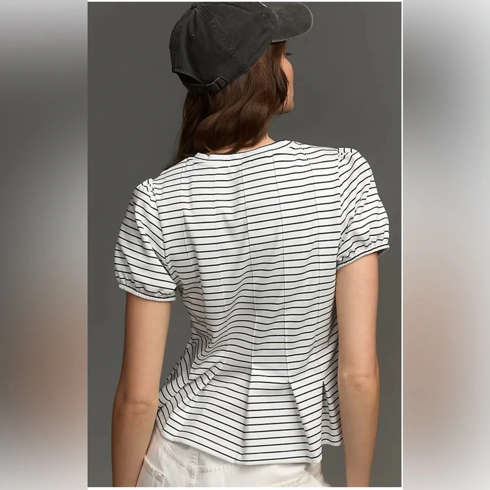 Maeve by Anthropologie Corset Peplum Puff Sleeves Striped Top